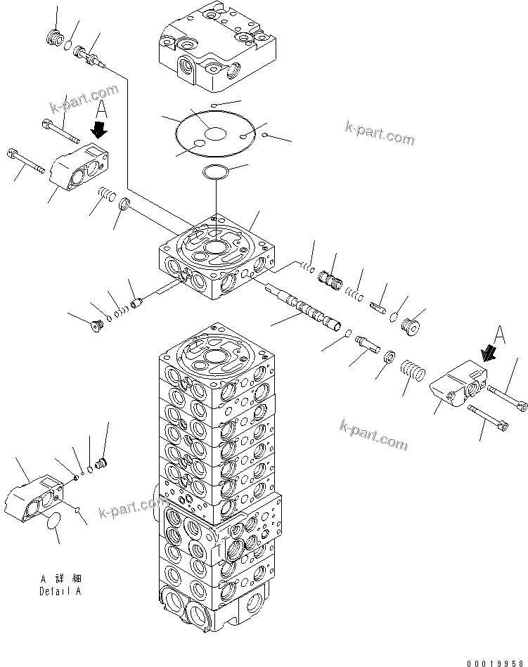 Komatsu parts book diagram for PC50MR-2 S/N 5001-UP (For High Altitude): MAIN VALVE (10-VALVE) (FOR POWER ANLGLE BLADE) (23/24)