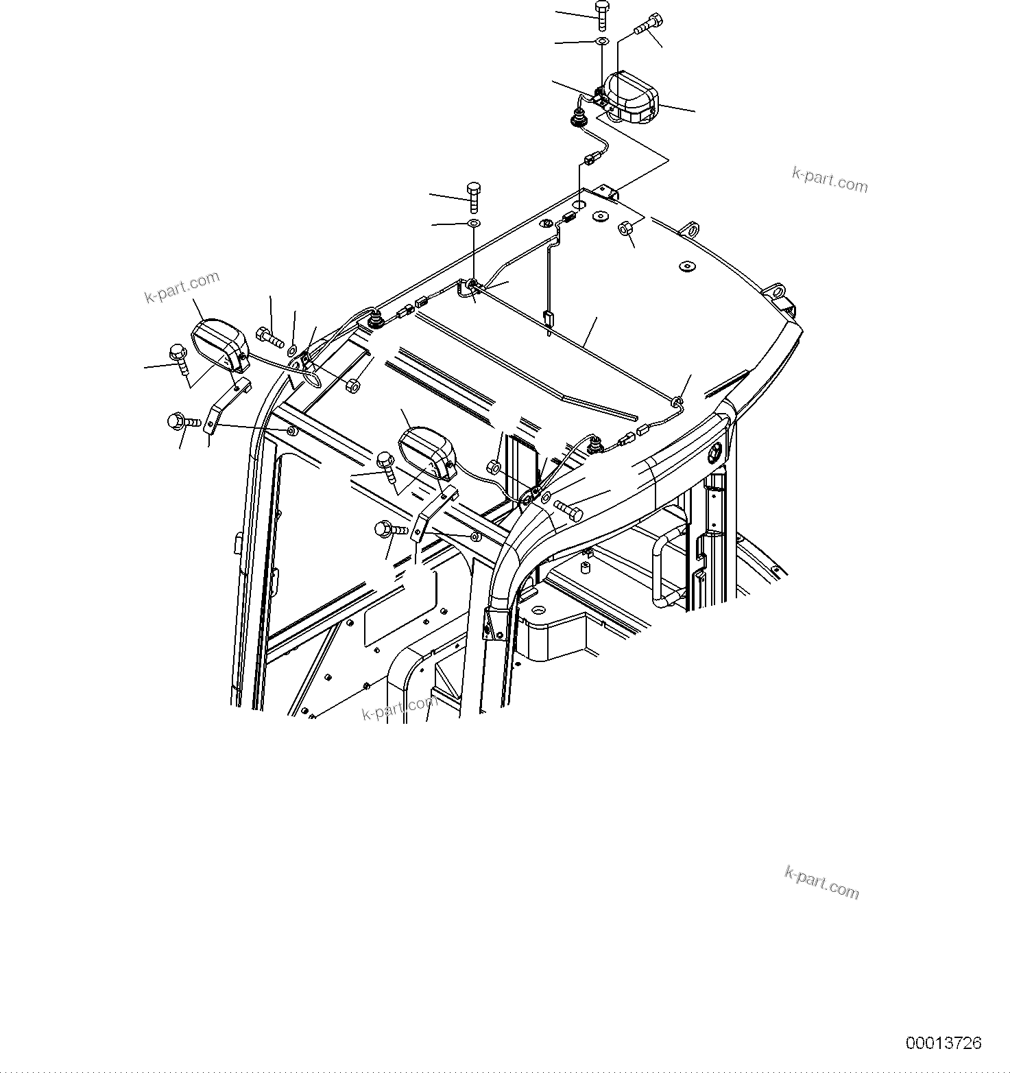 Komatsu parts book diagram for PC50MR-2 S/N F00103 AND UP: FRONT AND REAR WORK LIGHTS (CAB)
