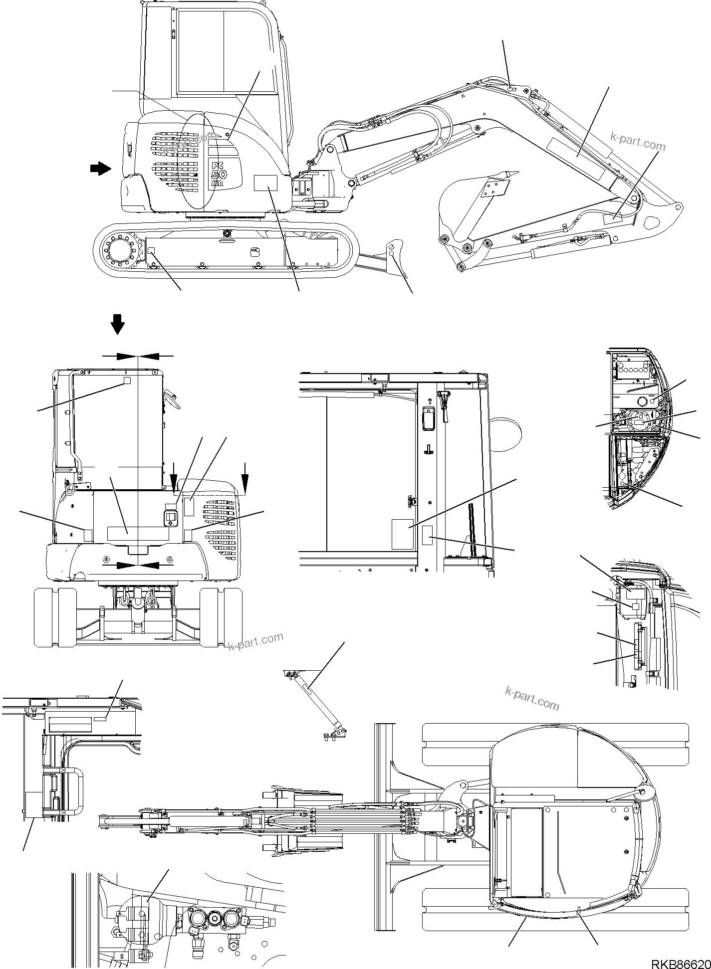 Komatsu parts book diagram for PC50MR-2 S/N F00103 AND UP: MARK PLATE (CAB) (1/2)