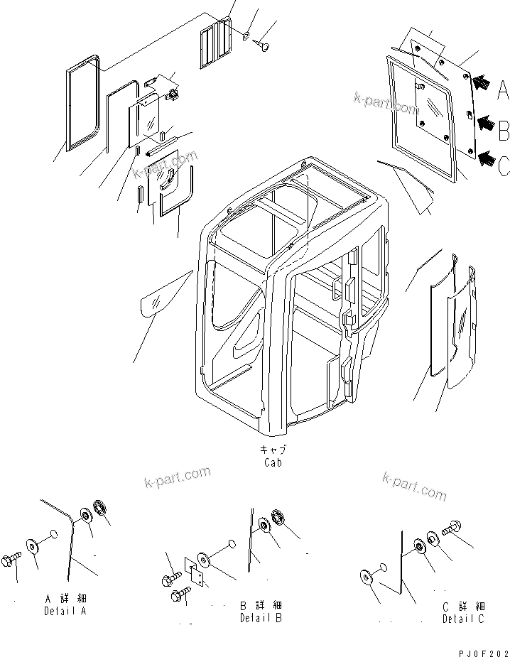 Komatsu parts book diagram for PC58UU-3 S/N 20001-UP: OPERATOR'S CAB (WINDOW) (REAR ? SIDE AND SASH) (KOMTRAX)(#20424-)