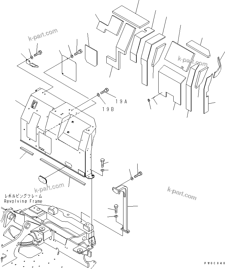 Komatsu parts book diagram for PC58UU-3 S/N 20001-UP: HOOD (BRACKET) (TOPS)(#20424-)