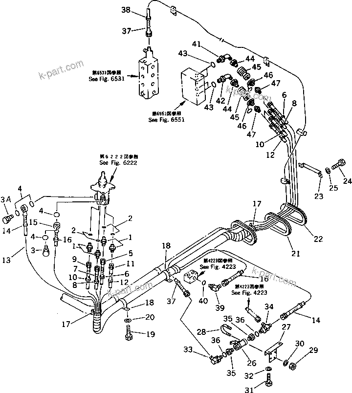 Komatsu parts book diagram for PC60-6S S/N 28001-UP: HYDRAULIC PIPING (QUICK COUPLER PATTERN LINE) (L.H.)             (FOR LONG LEVER CONTROL)