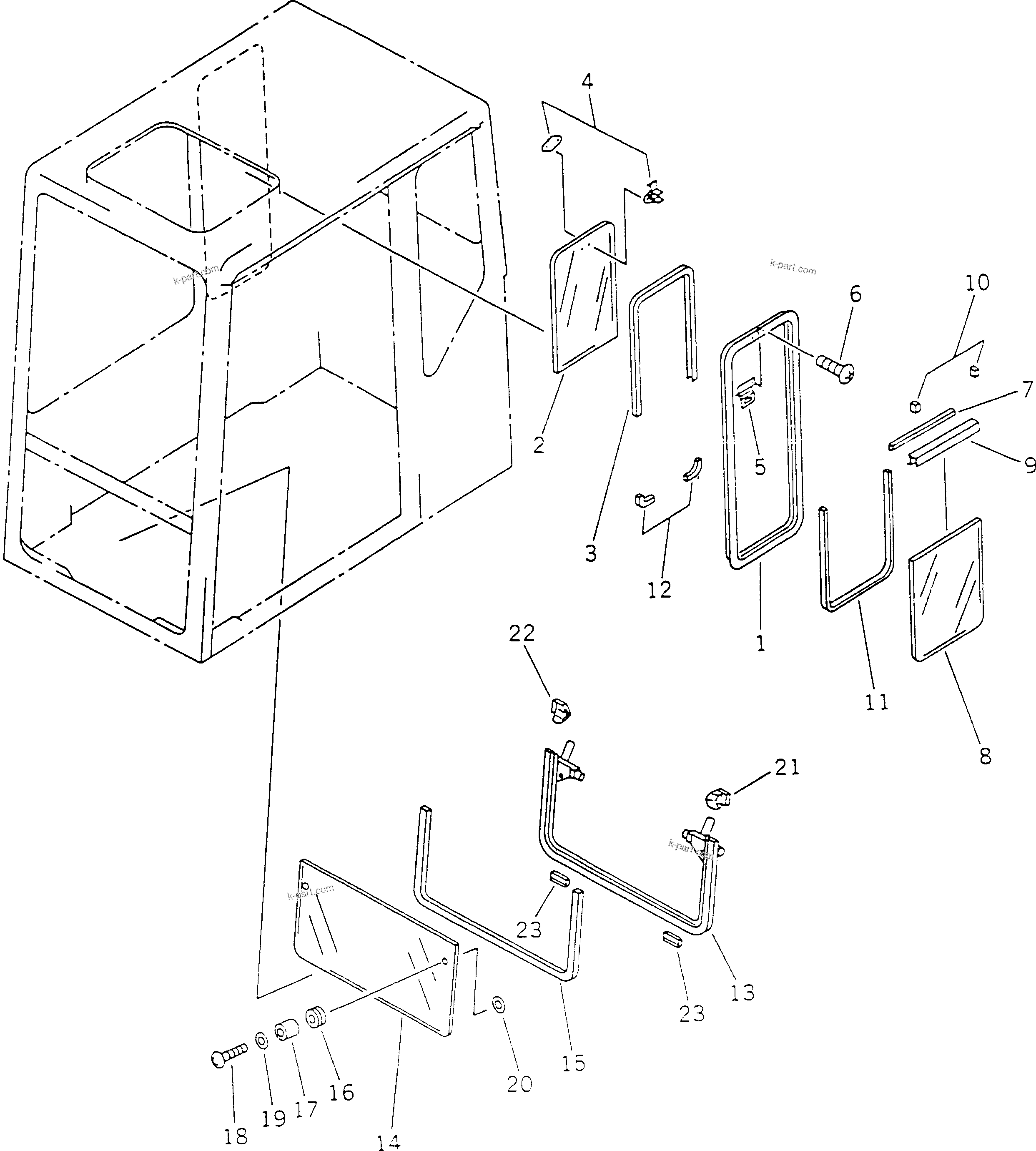 Komatsu parts book diagram for PC60-6S S/N 28001-UP: OPERATOR'S CAB (3/7) (FRONT AND R.H. SIDE WINDOW)(#34101-)