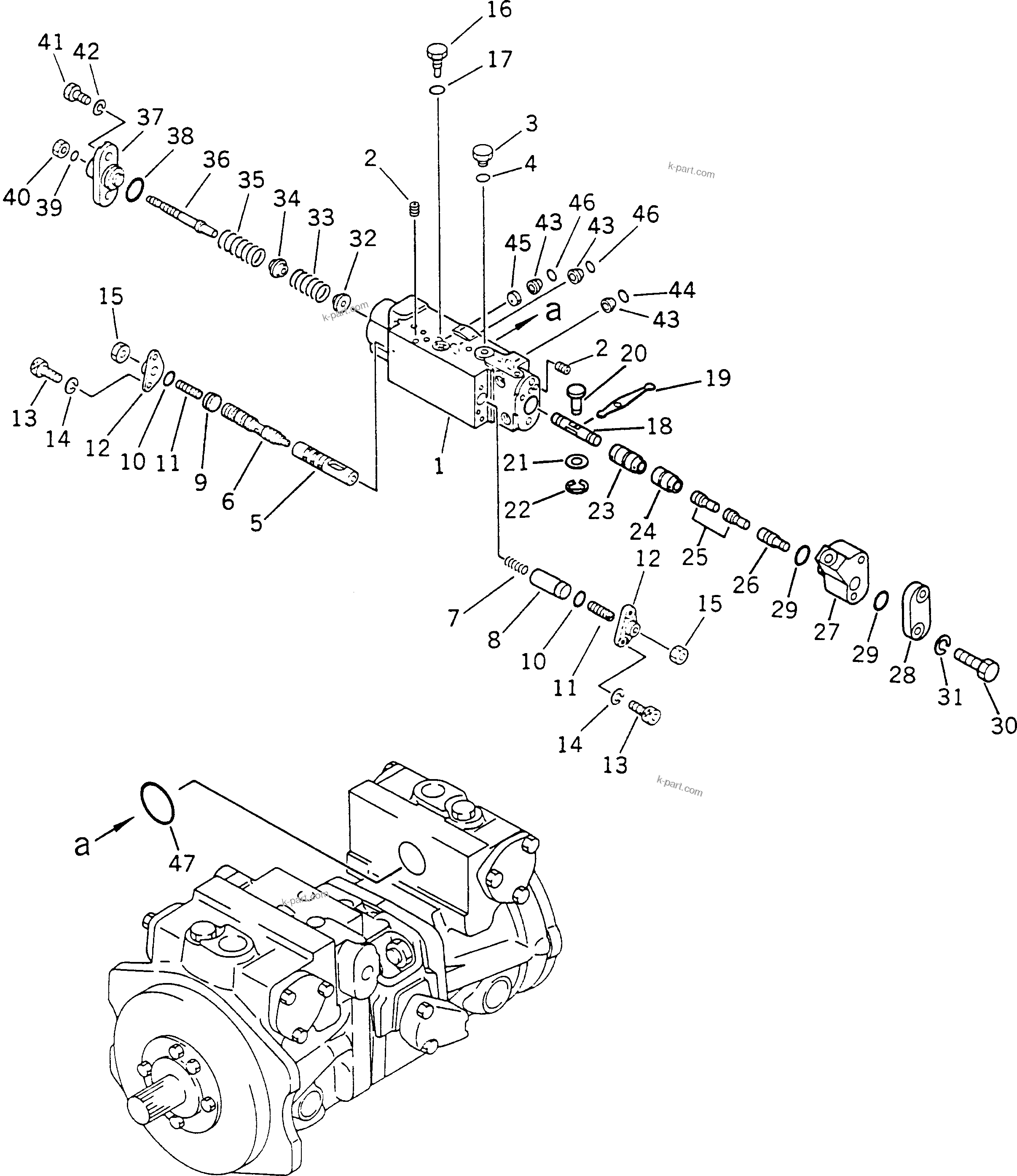 Komatsu parts book diagram for PC60-6S S/N 28001-UP: HYDRAULIC PUMP (SERVO VALVE REAR) (EXCEPT BLADE SPEC.)