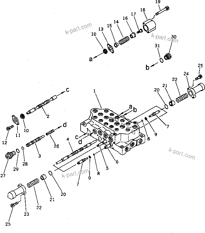 Komatsu parts book diagram for PC60-6S S/N 28001-UP: HYDRAULIC CONTROL VALVE ? R.H. (1/3) (EXCEPT BLADE SPEC.)