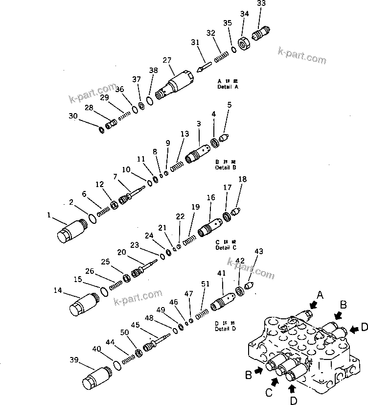 Komatsu parts book diagram for PC60-6S S/N 28001-UP: HYDRAULIC CONTROL VALVE ? R.H. (3/3) (WITH BLADE)