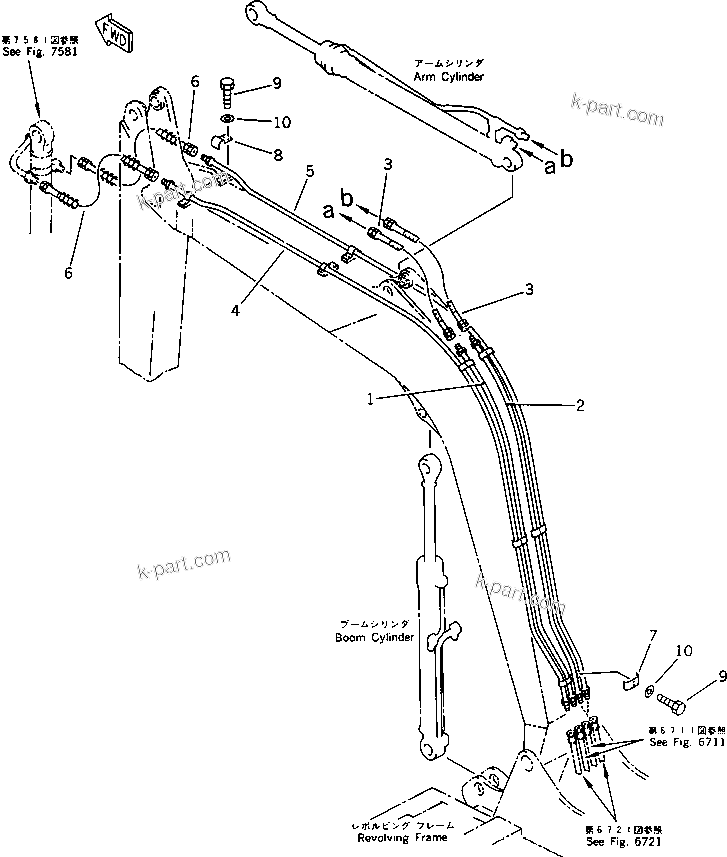 Komatsu parts book diagram for PC60-6S S/N 28001-UP: HYDRAULIC PIPING (ARM AND BUCKET CYLINDER LINE) (BOOM SIDE)