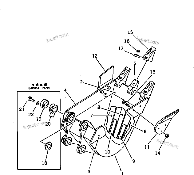 Komatsu parts book diagram for PC60-6S S/N 28001-UP: BUCKET ? 0.18M3 WIDTH 550MM