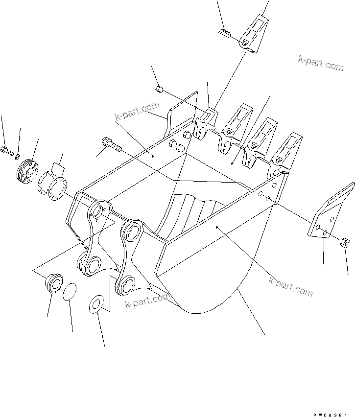 Komatsu parts book diagram for PC60-7E S/N 45001-UP: BUCKET ? 0.32M3 WIDTH 825MM (VERTICAL PIN TYPE)