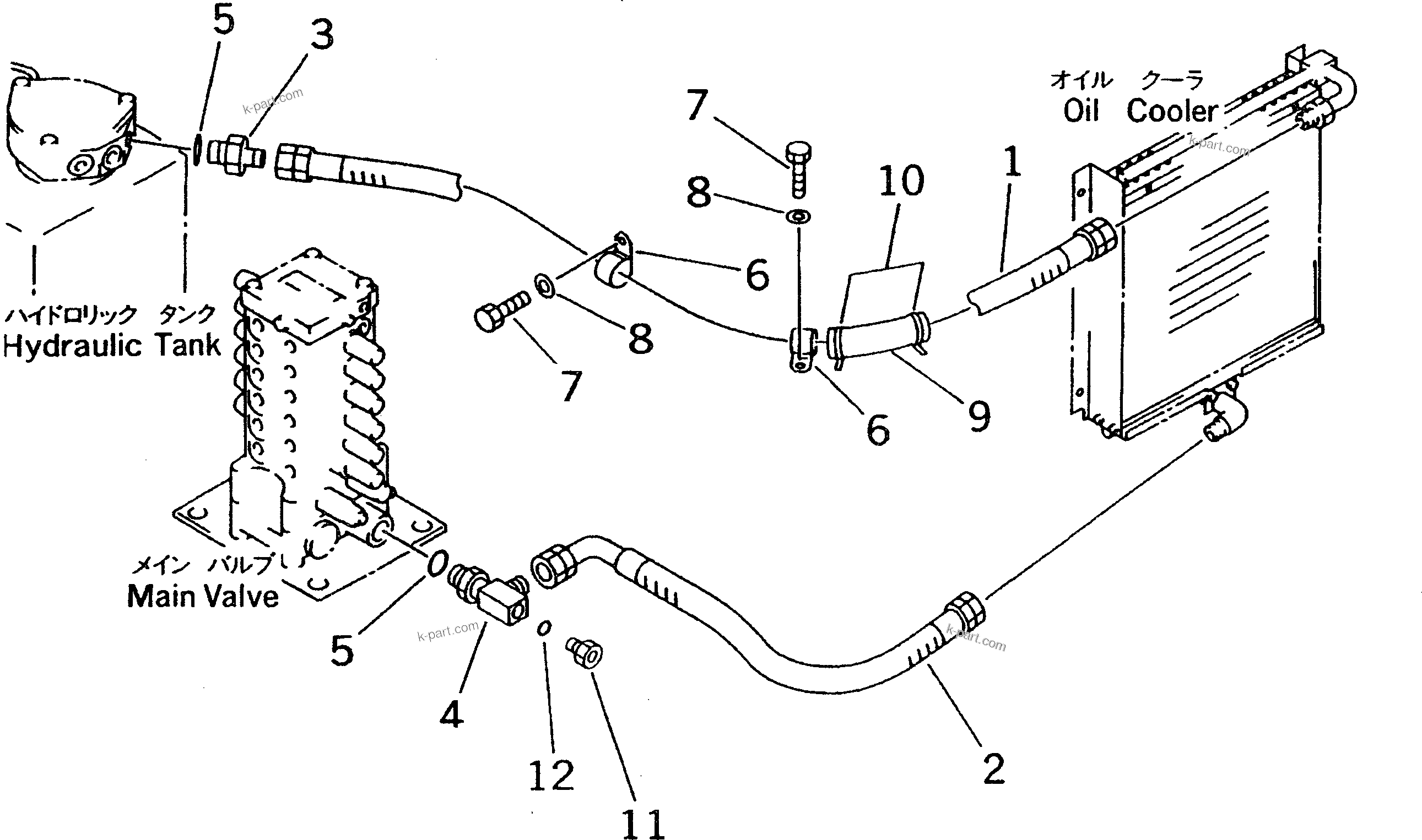 Komatsu parts book diagram for PC60-7 S/N 45001-UP: OIL COOLER LINE (1-ACTUATER ATTACHMENT AND PLUG)(#45001-52373)