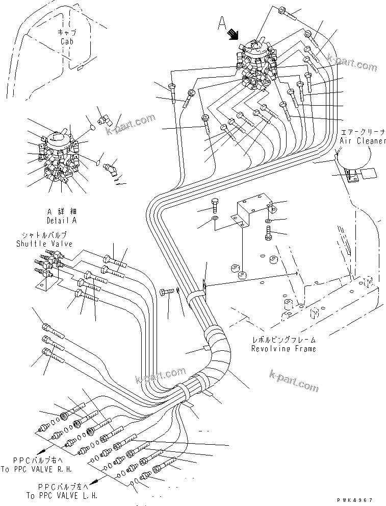 Komatsu parts book diagram for PC60-7 S/N 45001-UP: MULTIPLE PATTERN 4WAY (HOSE AND PLATE)(#52374-53312)