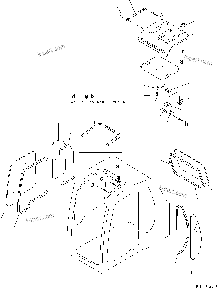 Komatsu parts book diagram for PC60-7 S/N 45001-UP: OPERATOR'S CAB (WINDOW AND ROOF VENTILATOR) (3/7)(#52374-)