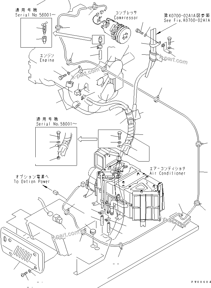 Komatsu parts book diagram for PC60-7 S/N 45001-UP: AIR CONDITIONER (HEATER HOSE)(#53313-)