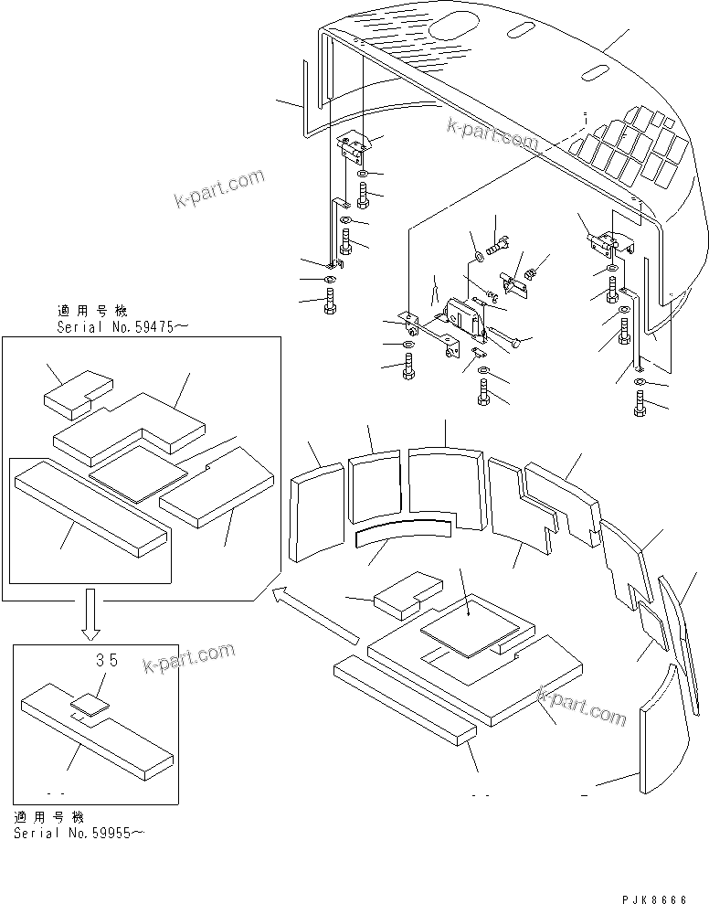 Komatsu parts book diagram for PC60-7 S/N 45001-UP: HOOD (HOOD) (WITH HOIST FOR CHASSIS ASS'Y)(#58001-)
