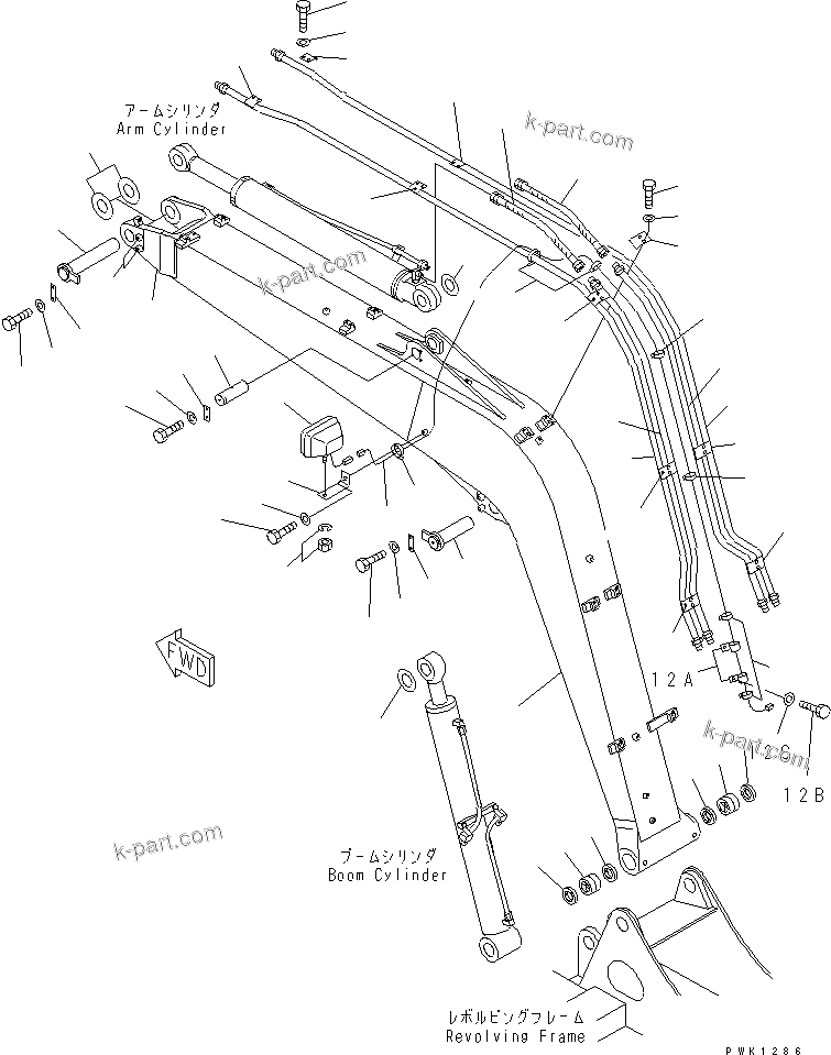 Komatsu parts book diagram for PC60-7 S/N 45001-UP: BOOM (BOOM ? WORK LAMP AND PIN) (FOR 1 OR 2-ACTUATER ATTACHMENT)(#52374-)