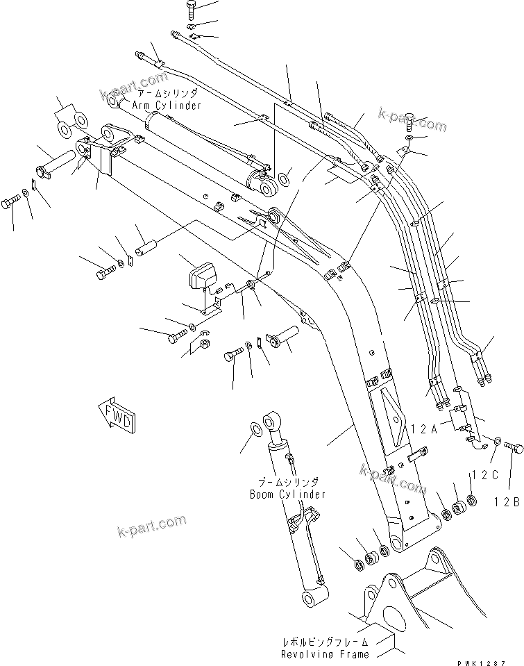 Komatsu parts book diagram for PC60-7 S/N 45001-UP: BOOM (BOOM ? WORK LAMP AND PIN) (FOR 1 OR 2-ACTUATER ATTACHMENT) (WITH HOOK)(#52374-)