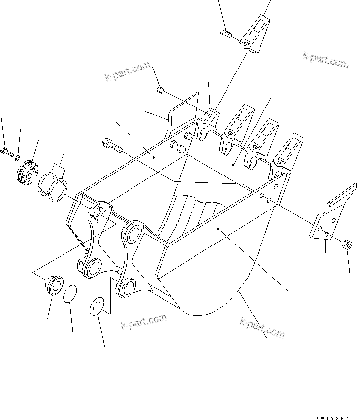Komatsu parts book diagram for PC60-7 S/N 45001-UP: BUCKET ? 0.32M3 WIDTH 825MM (VERTICAL PIN TYPE)
