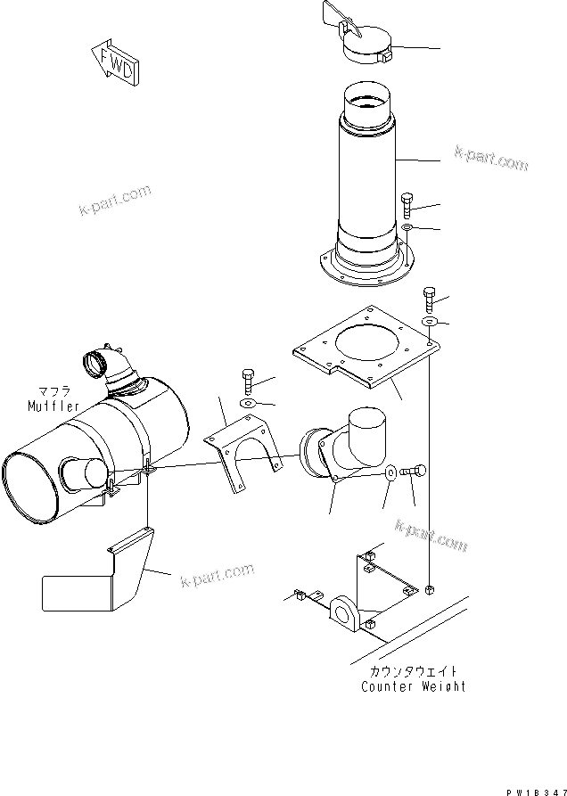 Komatsu parts book diagram for PC600-6A-KJ S/N 10001-UP: MUFFLER (EU SPEC.)(#11001-)