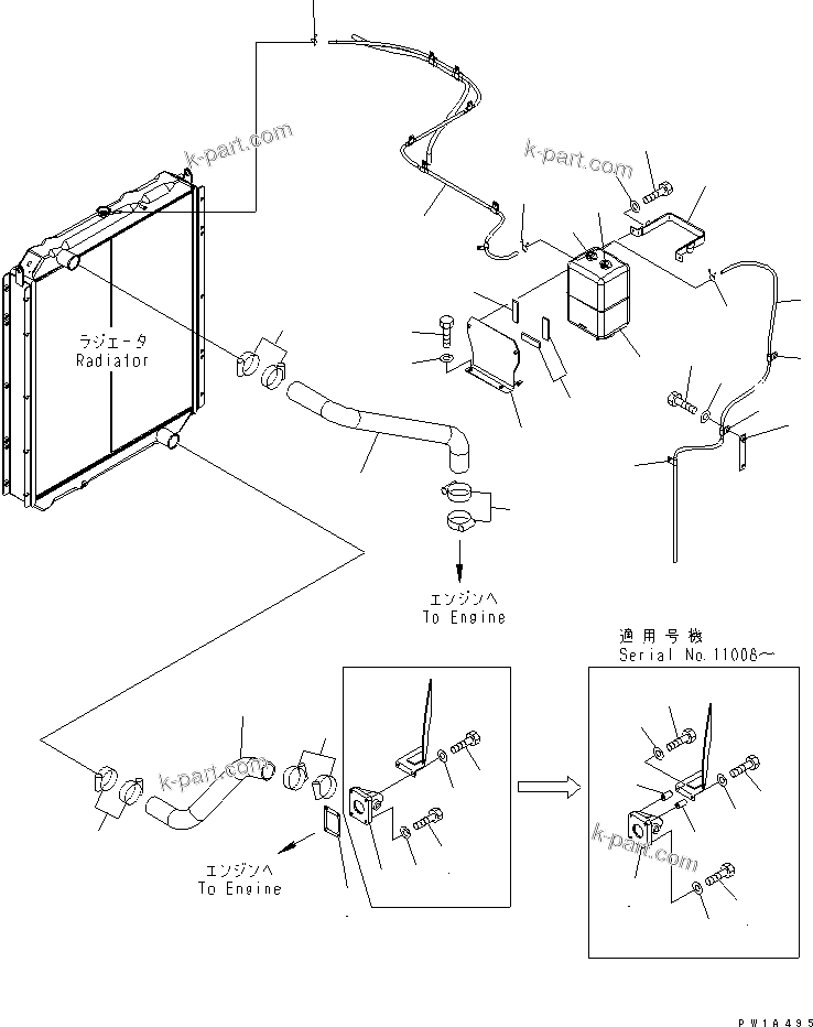 Komatsu parts book diagram for PC600-6A-KJ S/N 10001-UP: COOLING (RADIATOR PIPING)(#11001-)