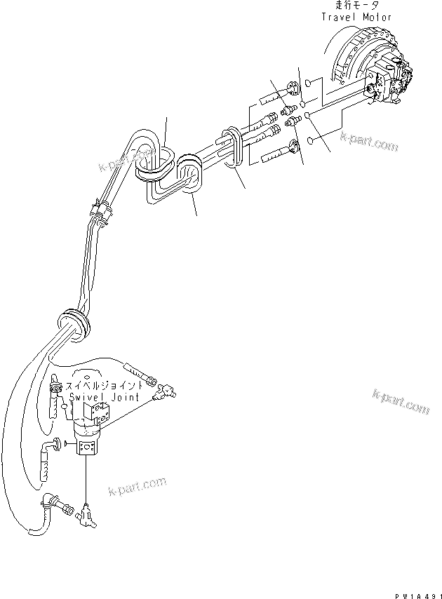 Komatsu parts book diagram for PC600-6A-KJ S/N 10001-UP: TRACK FRAME (TRAVEL PIPING) (R.H.)(#10104-)