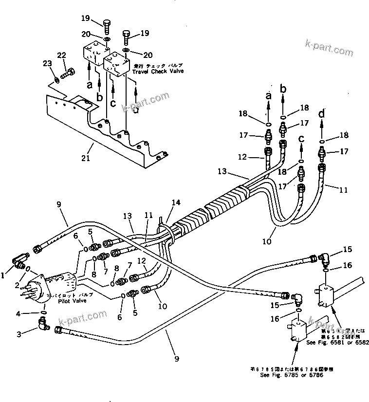 Komatsu parts book diagram for PC650SE-3 S/N 10501-UP: TRAVEL PPC VALVE TO/FROM PPC CHECK VALVE PIPING (FOR LOW CAB)