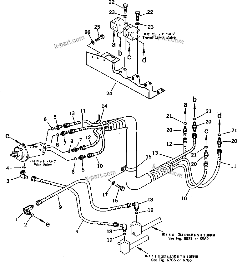 Komatsu parts book diagram for PC650SE-3 S/N 10501-UP: TRAVEL PPC VALVE TO/FROM PPC CHECK VALVE PIPING (FOR LOW CAB)