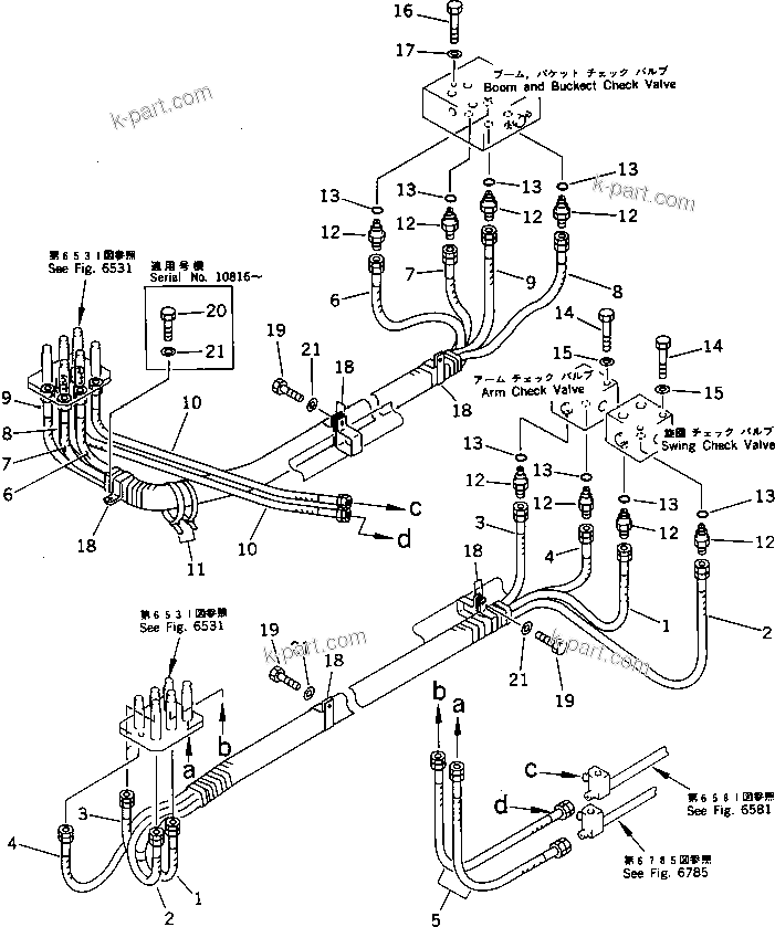 Komatsu parts book diagram for PC650SE-3 S/N 10501-UP: BRACKET TO/FROM CHECK VALVE PIPING (FOR LOW CAB) (FOR BACKHOE)   (FOR JAPAN)