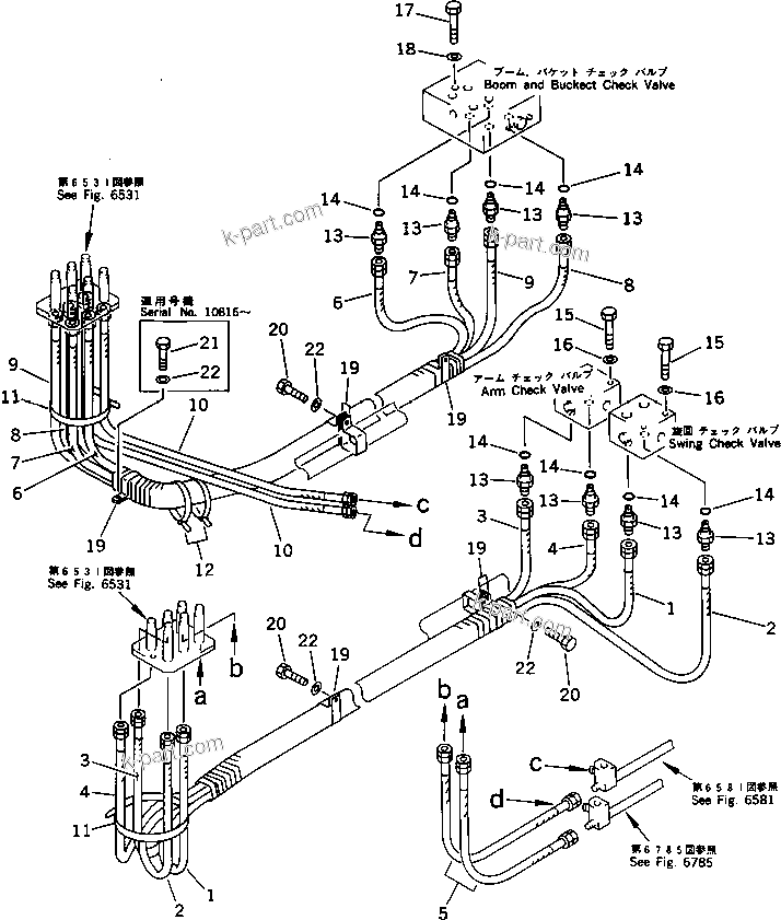 Komatsu parts book diagram for PC650SE-3 S/N 10501-UP: BRACKET TO/FROM CHECK VALVE PIPING (FOR HIGH CAB) (FOR BACKHOE)  (FOR JAPAN)