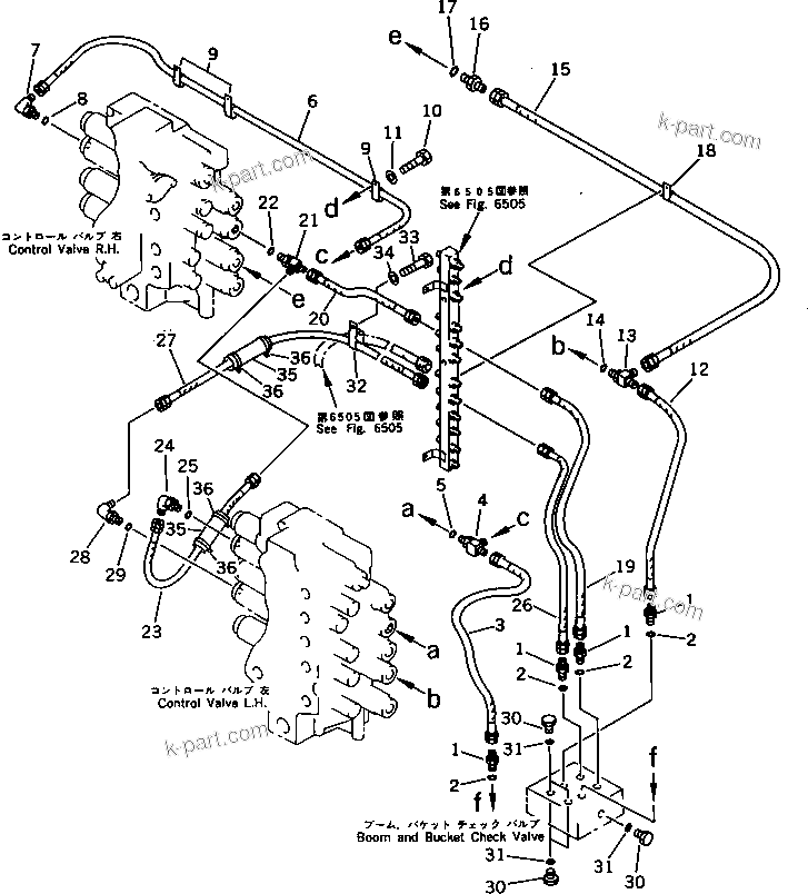Komatsu parts book diagram for PC650SE-3 S/N 10501-UP: BOOM AND BUCKET CHECK VALVE TO/FROM CHECK VALVE PIPING(#10836-)