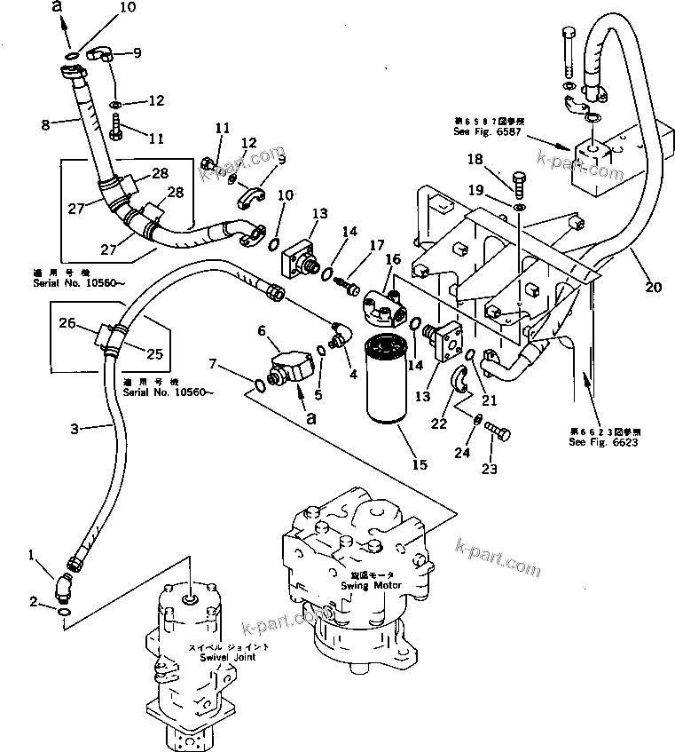 Komatsu parts book diagram for PC650SE-3 S/N 10501-UP: MOTOR DRAIN PIPING