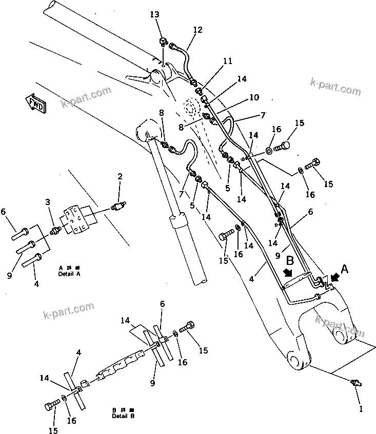 Komatsu parts book diagram for PC650SE-3 S/N 10501-UP: WORK EQUIPMENT LUBRICATION (SHORT BOOM SIDE)