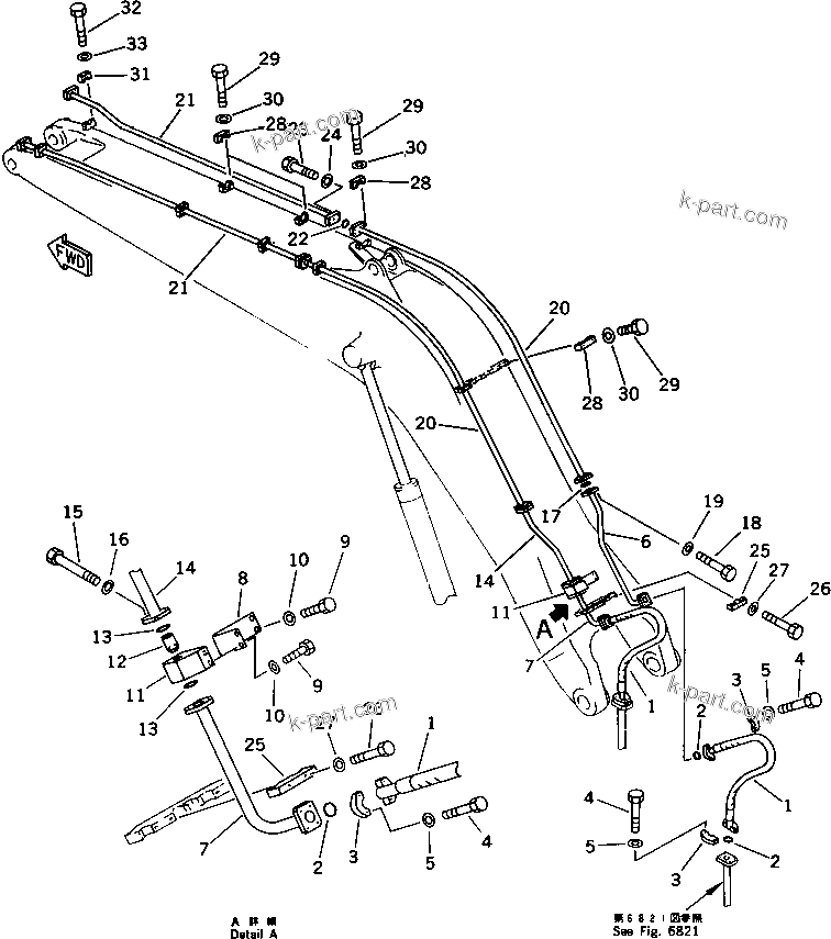 Komatsu parts book diagram for PC650SE-3 S/N 10501-UP: BUCKET CYLINDER PIPING (BOOM SIDE) (FOR SHORT BOOM)