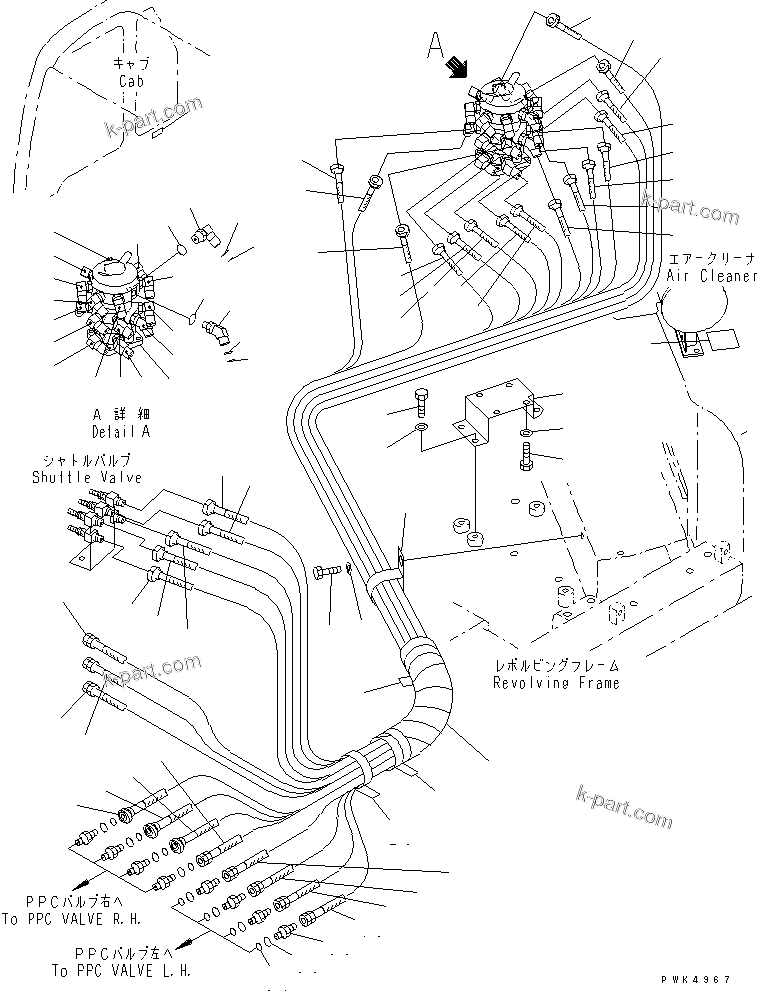 Komatsu parts book diagram for PC70-7E-B S/N 45001-UP: MULTIPLE PATTERN 4WAY (HOSE AND PLATE)(#52374-53312)