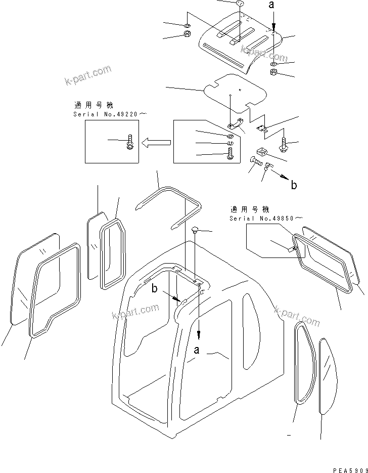 Komatsu parts book diagram for PC70-7E-B S/N 45001-UP: OPERATOR'S CAB (WINDOW AND ROOF VENTILATOR) (3/7)(#45001-52373)