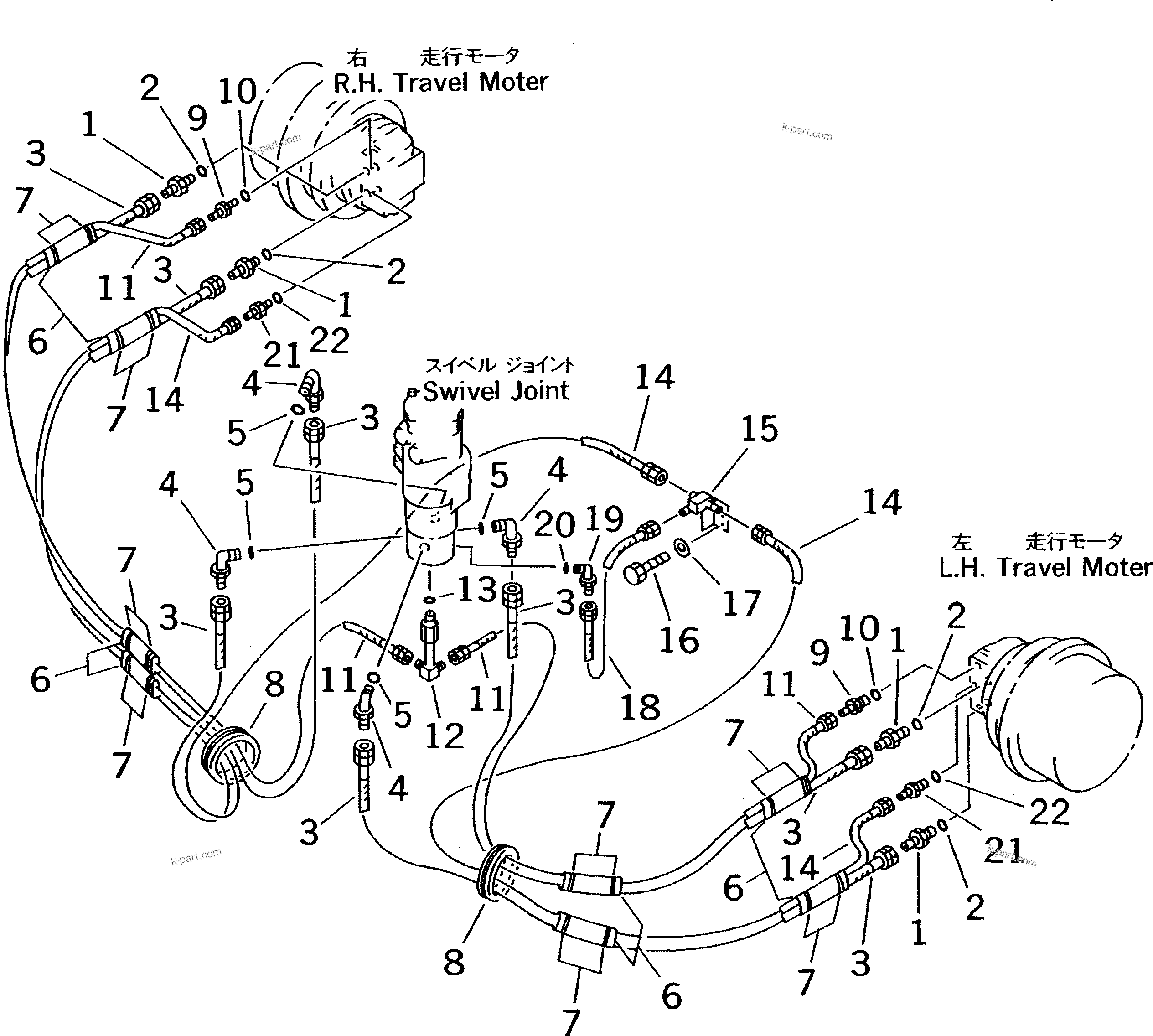 Komatsu parts book diagram for PC70-7E-B S/N 45001-UP: TRAVEL PIPING (BLADE SPEC.)(#45001-52373)