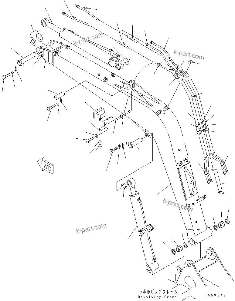 Komatsu parts book diagram for PC70-7E-B S/N 45001-UP: BOOM (BOOM ?WORK LAMP AND PIN) (FOR 1 OR 2-ACTUATER ATTACHMENT)   (WITH HOOK)(#45001-52373)