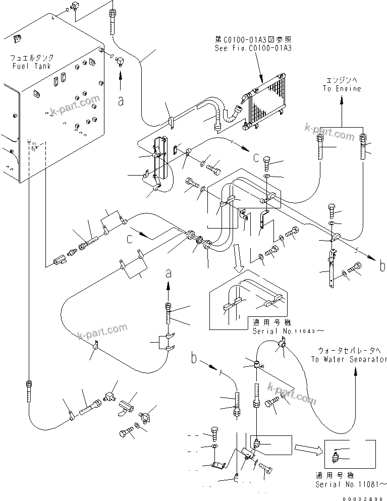 Komatsu parts book diagram for PC750SE-6 S/N 10001-UP (For North America): FUEL LINES (FUEL FILTER) (WITH WATER SEPARATOR)(#11001-)