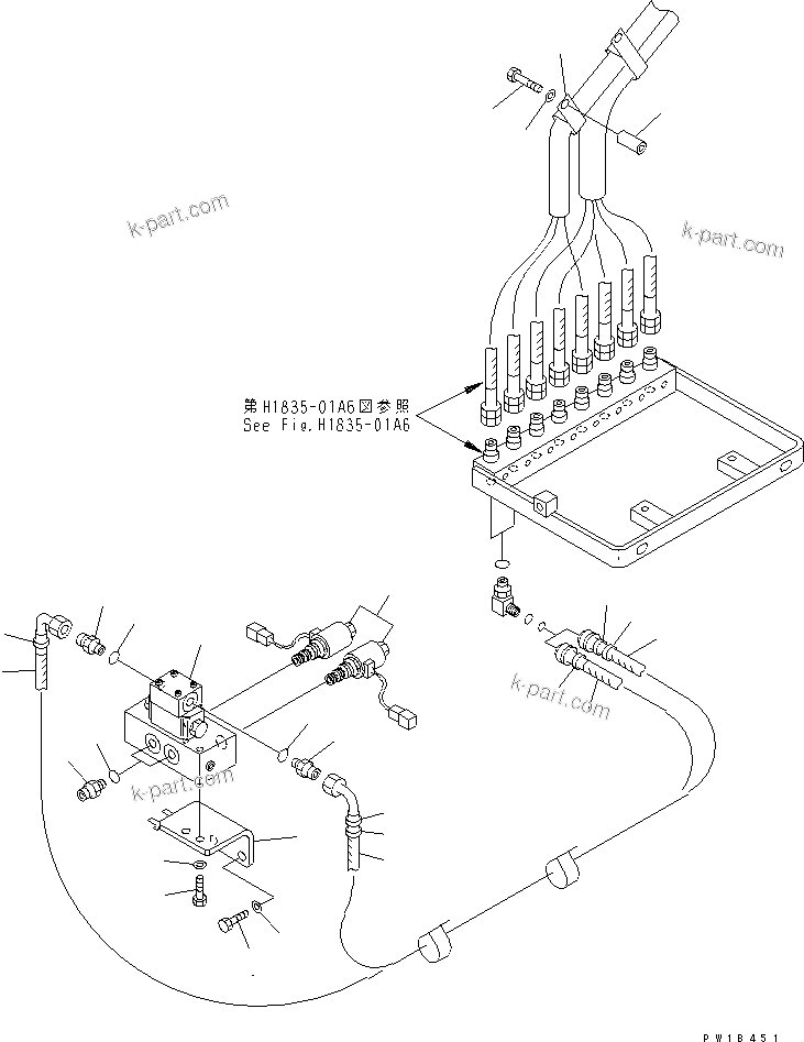 Komatsu parts book diagram for PC750SE-6 S/N 10001-UP (For North America): PPC LINE JOINT (BOOM SHAKE DAMP VALVE) (B/H)(#11001-)