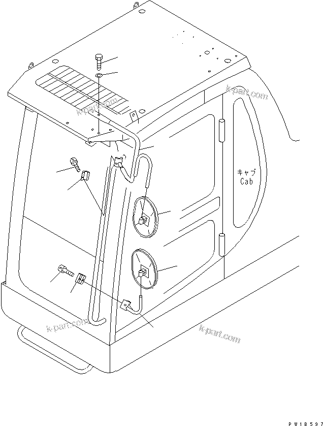 Komatsu parts book diagram for PC750SE-6 S/N 10001-UP (For North America): REAR VIEW MIRROR ? L.H. (STEP AND OPERATOR'S CAB SIDE) (WITH F.O.P.S.)(#11001-)