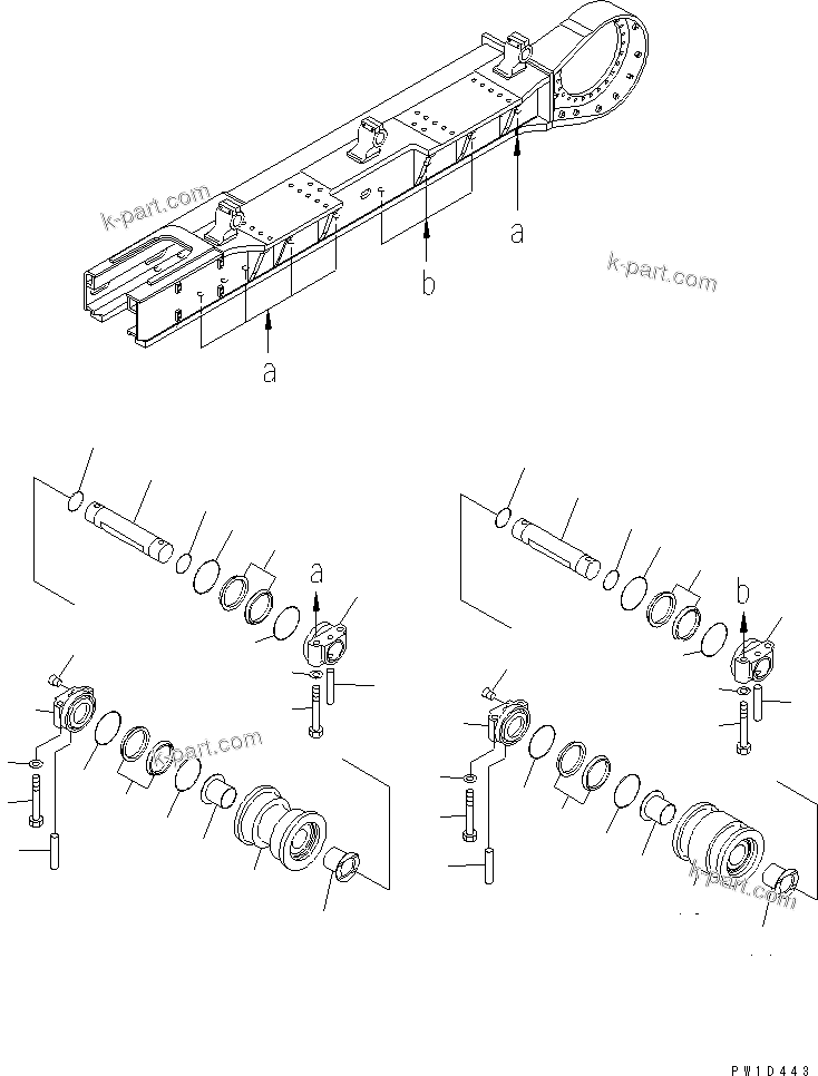 Komatsu parts book diagram for PC750SE-6 S/N 10001-UP (For North America): TRACK FRAME (TRACK ROLLER) (R.H.)(#11001-)