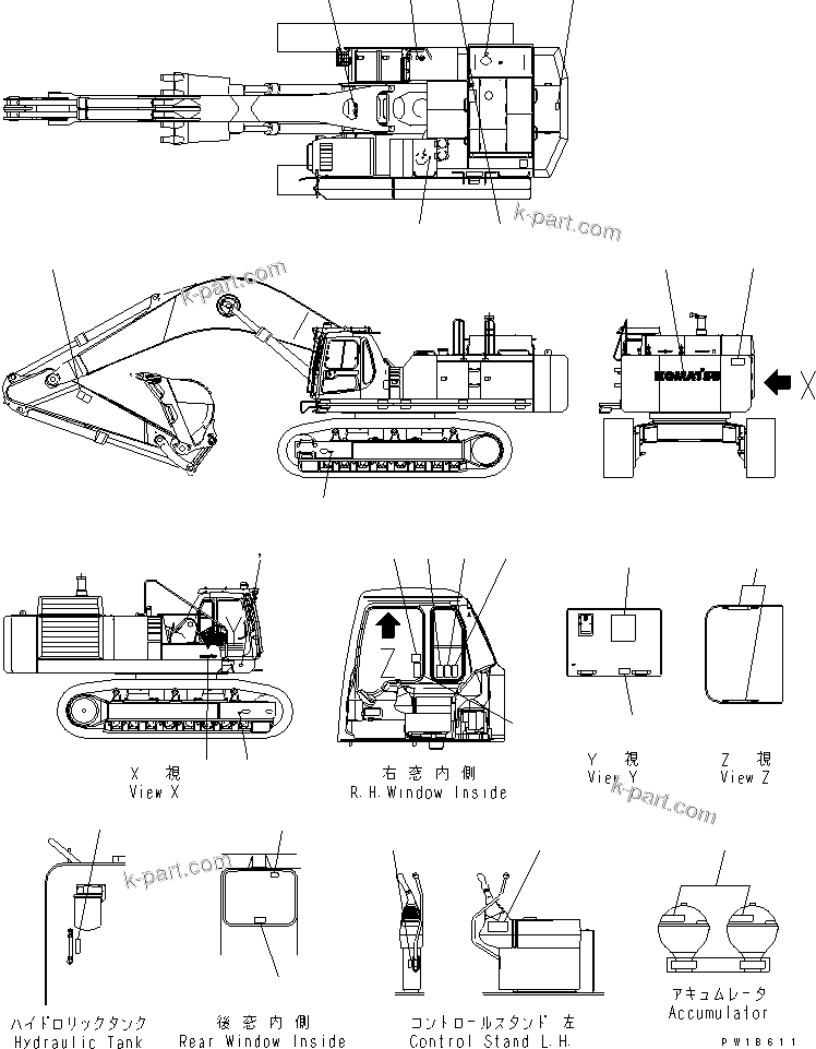 Komatsu parts book diagram for PC750SE-6 S/N 10001-UP (For North America): MARKS AND PLATES (OPERATING AND CAUTION PLATE) (CHINESE)(#11001-)