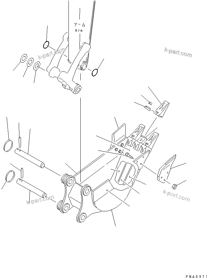 Komatsu parts book diagram for PC75UD-2 S/N 5001-UP: BUCKET (VERTICAL PIN TYPE ? WITHOUT ADJUSTER)                     (FOR NARROW WIDTH BACKET) (1/2)(#10371-)
