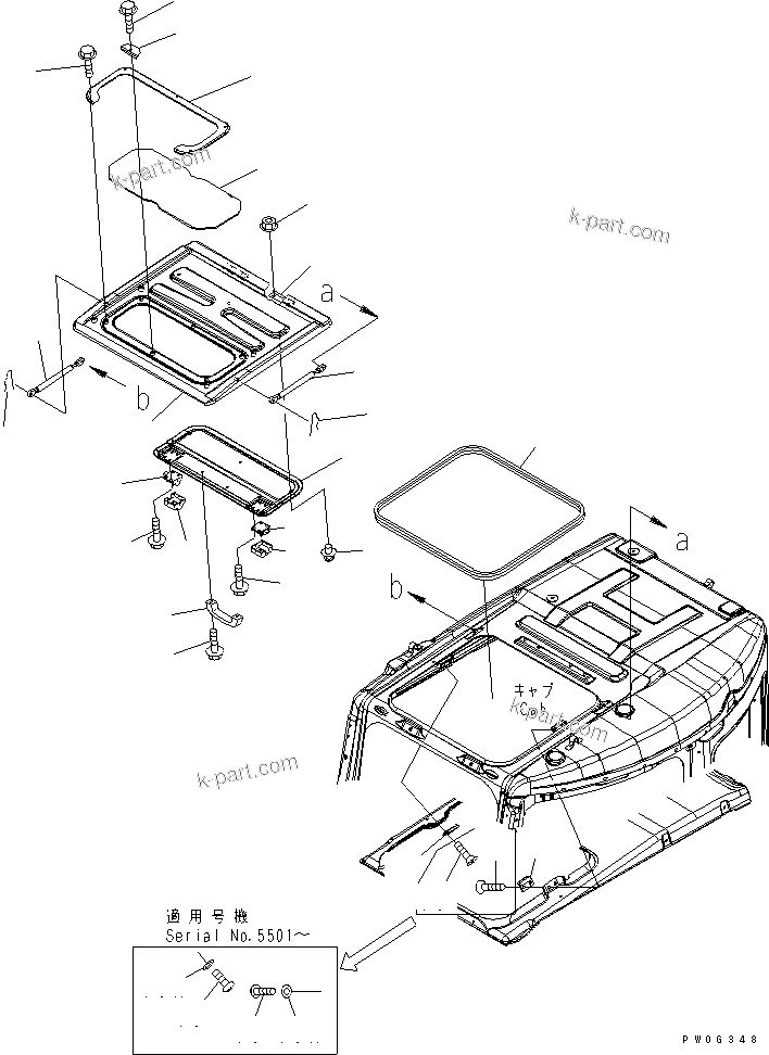 Komatsu parts book diagram for PC78US-6 S/N 4001-UP: OPERATOR'S CAB (ROOF WINDOW) (DEMOLITION SPEC.) (FOR KOMTRAX)(#4834-)