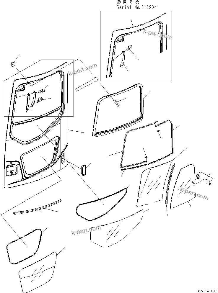 Komatsu parts book diagram for PC78US-6 S/N 4001-UP: OPERATOR'S CAB (DOOR) (WITH DOOR SASH)