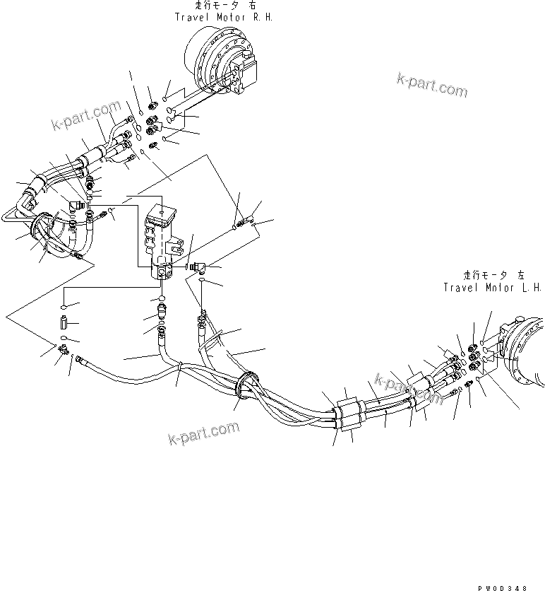 Komatsu parts book diagram for PC78US-6 S/N 4001-UP: LOWER HYDRAULIC PIPING (TRAVEL LINE) (WITH BLADE)