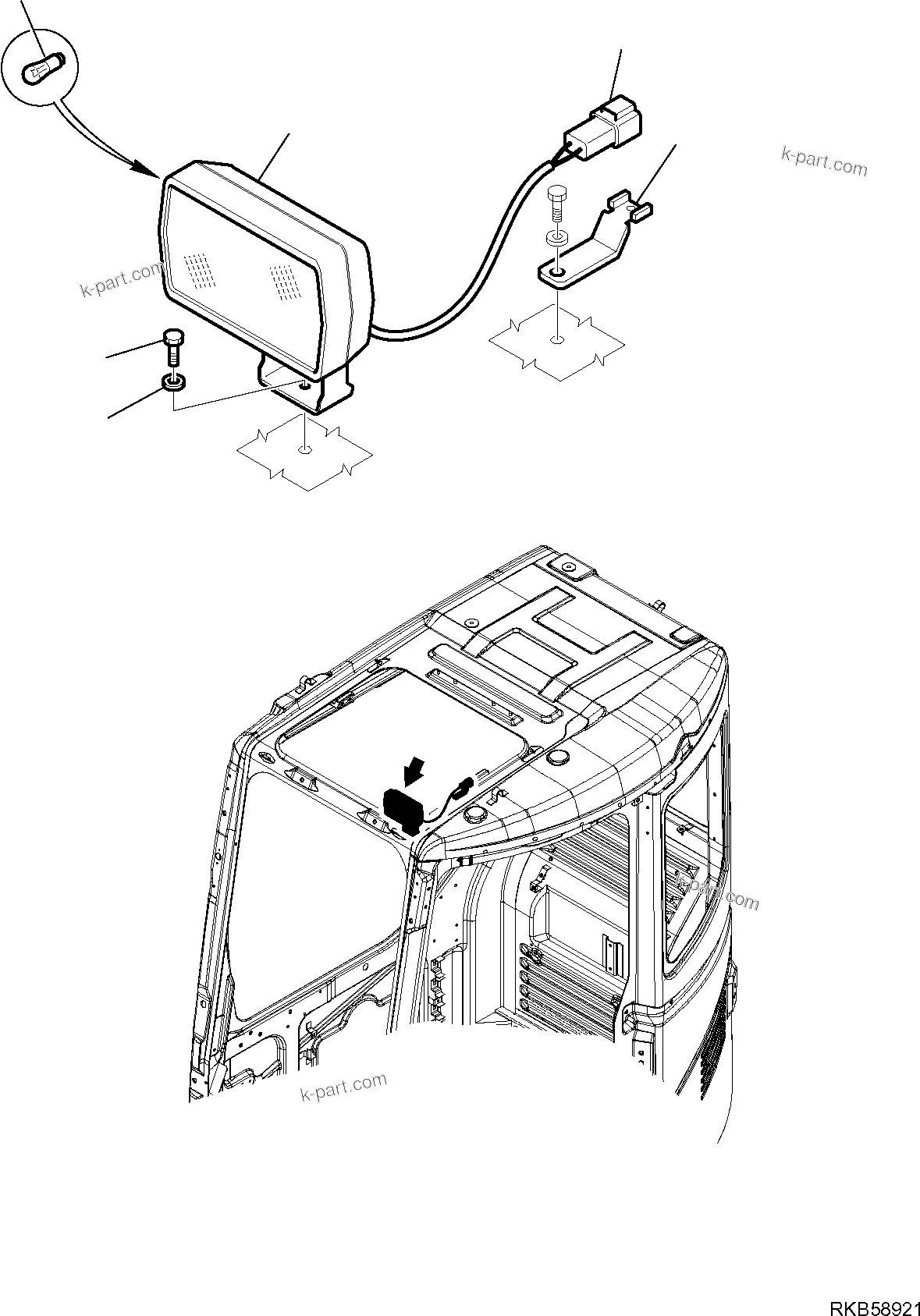 Komatsu parts book diagram for PC88MR-6 S/N F00003 AND UP: FRONT WORK LIGHT, L.H. (FOR CAB)