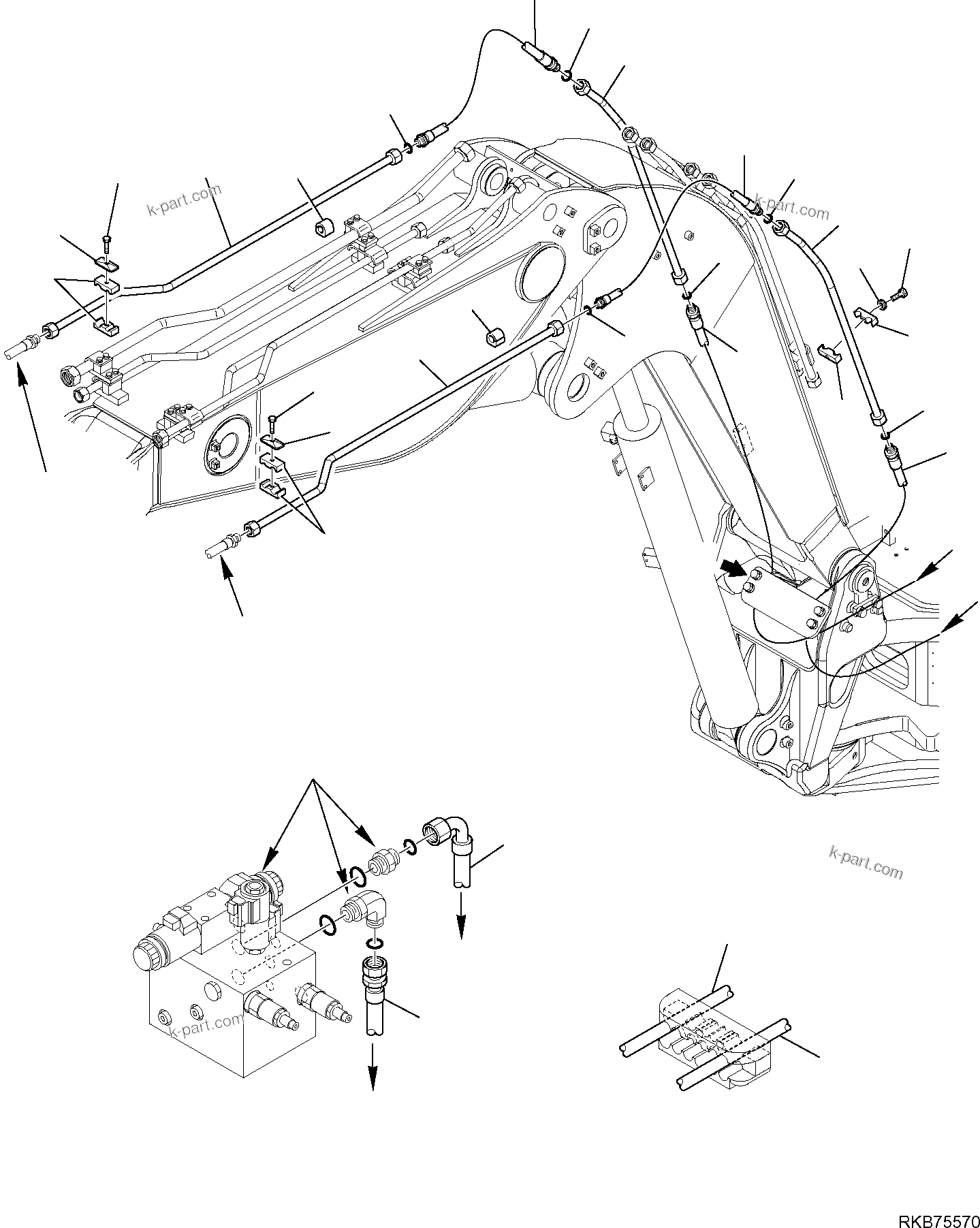 Komatsu parts book diagram for PC88MR-6 S/N F00003 AND UP: HYDRAULIC PIPING (ROTATING-CUTTING BUCKET CYLINDER LINE)(FOR 2-PIECE BOOM) (4/6)