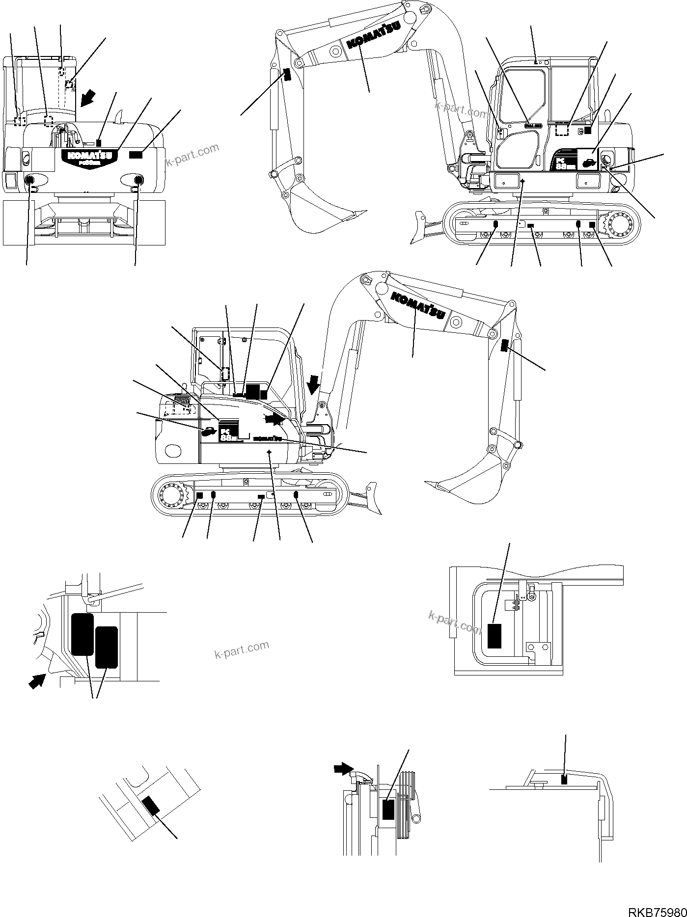 Komatsu parts book diagram for PC88MR-6 S/N F00003 AND UP: MARK PLATE (WITH 2-PIECE BOOM) (1/2)