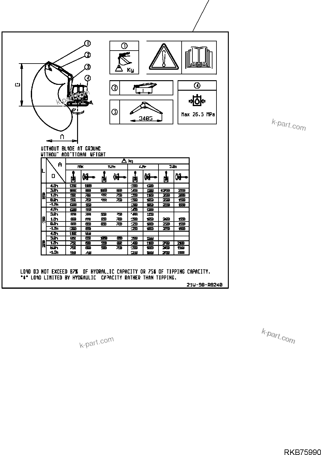Komatsu parts book diagram for PC88MR-6 S/N F00003 AND UP: LOAD CHART (WITH MONO BOOM WITHOUT COUNTER WEIGHT OPTIONAL)