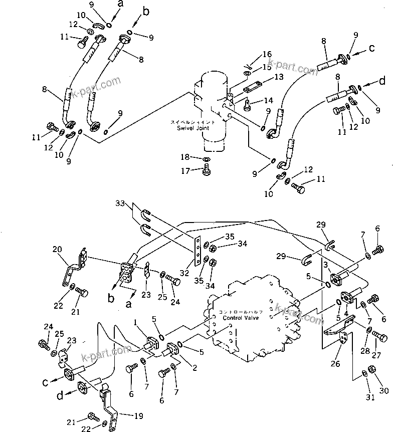 Komatsu parts book diagram for PF5-1 S/N 10001-UP: HYDRAULIC PIPING (CONTROL VALVE TO/FROM SWIVEL JOINT)